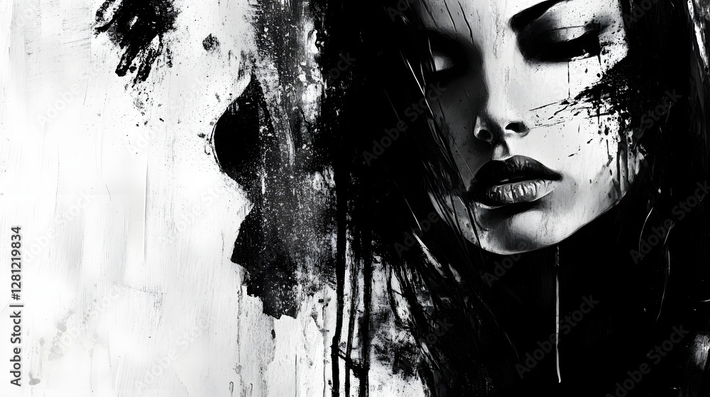 Poster Captivating monochrome portrait of a mysterious and alluring feminine presence with a moody evocative expression and a gritty textured treatment