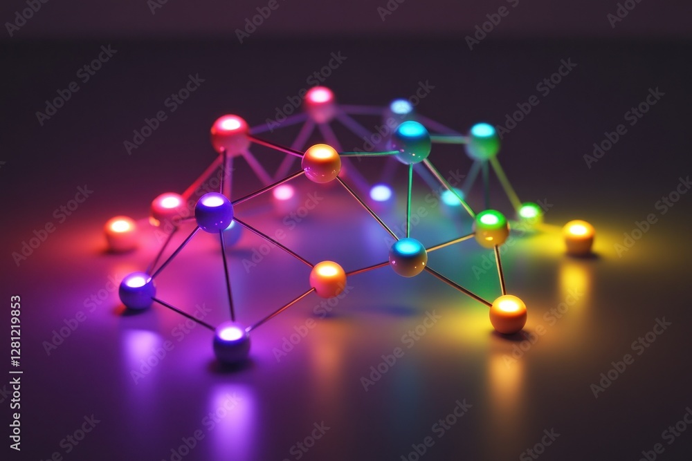 Poster colorful molecular structure with illuminated nodes and abstract background in creative design