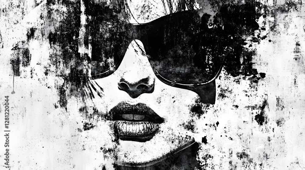 Poster captivating monochrome portrait of a mysterious and alluring feminine visage with striking graphic e