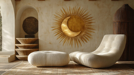 Bohemian wallpaper with hand-drawn sun and moon motifs in earthy tones of ochre and taupe