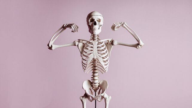 A skeleton is standing on a pink background with its arms raised. The skeleton is in a pose that looks like it is flexing its muscles. The image has a somewhat eerie and unsettling mood, as skeletons 