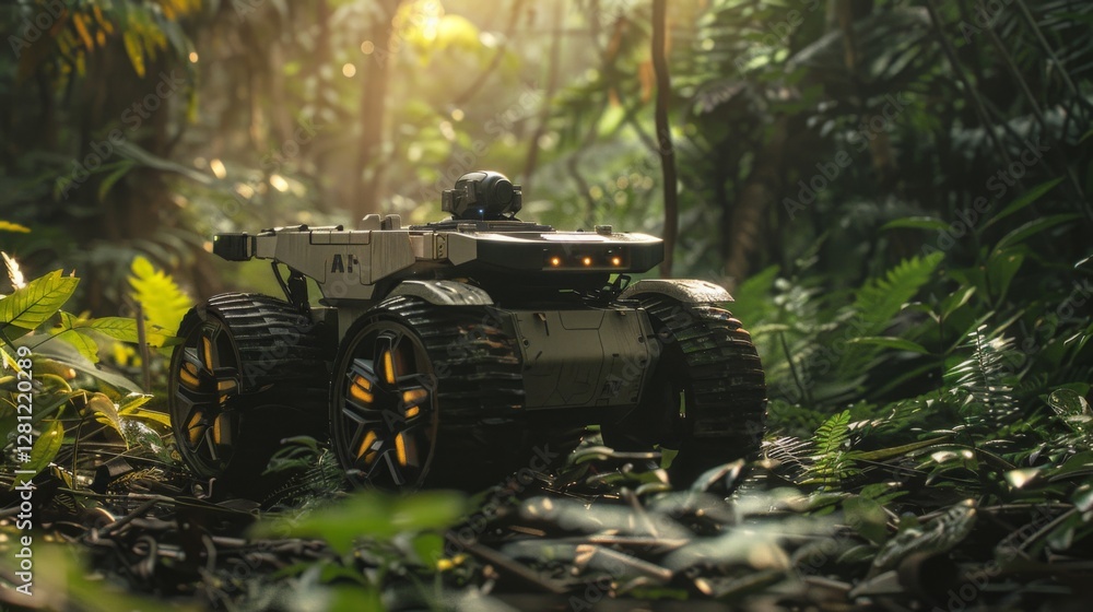 Poster remote controlled rover explores a lush tropical jungle, surrounded by vibrant green foliage and ill