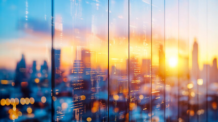 Fototapeta premium Cityscape Reflection: A breathtaking cityscape reflects in the glass of a high-rise building, blending natural light with urban development in a display of architectural harmony.