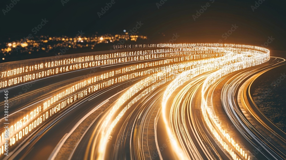 Poster Global cyber communication and coding, when merged with graphic visuals, create a representation of high-speed data transfer, demonstrating the agility of digital transformation and the disruption