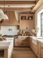 A contemporary kitchen with light wood tones and minimal design