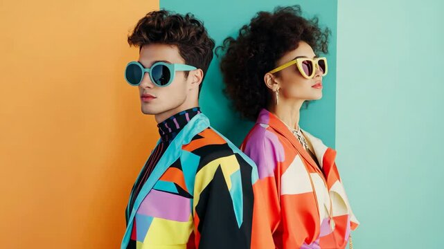 A fashionable young couple wearing trendy sunglasses and bold outfits pose against a vibrant colorful background