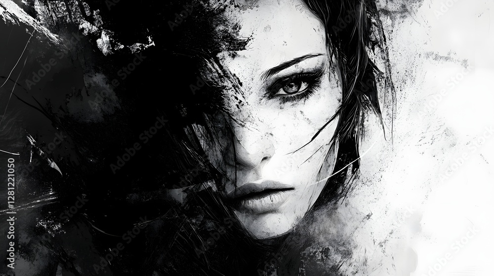 Poster captivating monochrome portrait of an alluring female face with an intense pensive gaze the moody dr