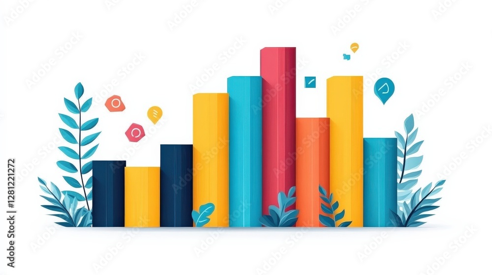 Poster colorful bar graph with stylized leaves and icons representing data analysis and growth