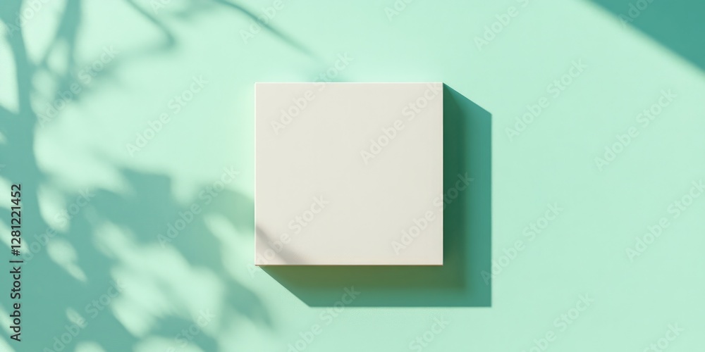 Poster conceptual depiction of square cardboard box with matte finish centered on mint green solid backgrou