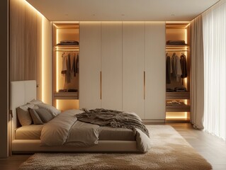 A modern bedroom with a wardrobe and cozy bed
