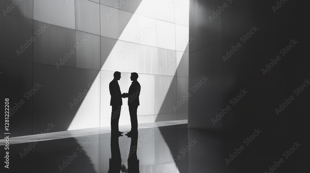 Aufkleber two silhouetted figures negotiating in a modern, minimalist setting during daylight hours. generativ