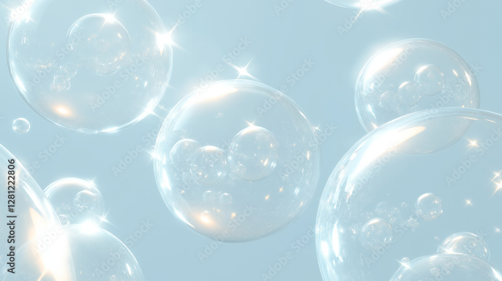 Poster translucent bubbles float against soft blue background, reflecting light and creating dreamy, ethere