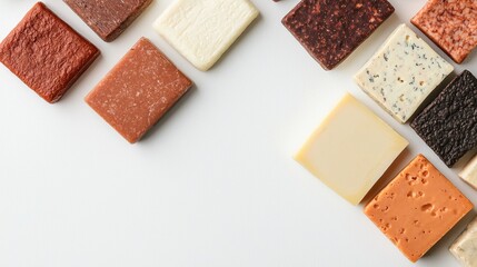 Fototapeta premium Colorful Assortment of Various Chocolate Squares on White Background