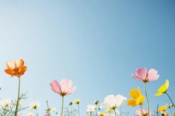 Obraz premium field awash with vibrant wildflowers basking under clear blue skies and gentle sunlight