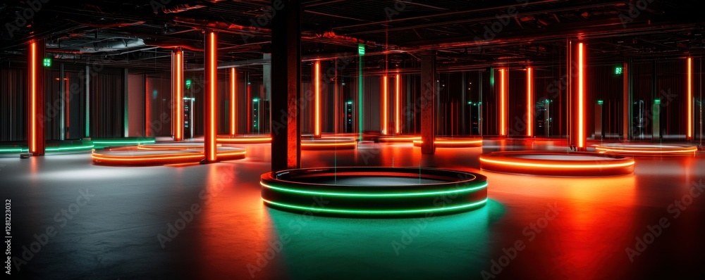 Poster a modern, illuminated space featuring circular platforms with colorful neon lights, creating a vibra