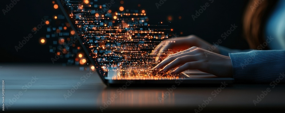 Poster a close-up of hands typing on a laptop, with a dynamic flow of glowing data particles emerging from 