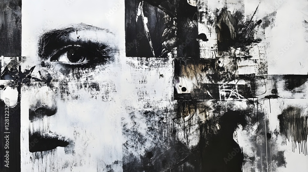 Poster captivating monochrome portrait with abstract collage elements depicting a pensive dramatic expressi