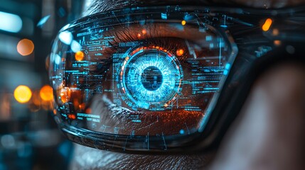 futuristic technology: close-up of an eye with digital interface