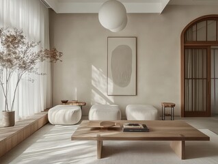 A minimalistic room with modern neutral decor and sunlight