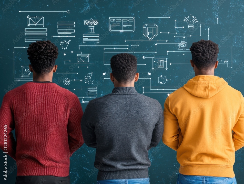 Poster three individuals in casual clothing observe a digital interface filled with icons and diagrams on a