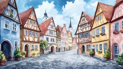 Charming Watercolor Village Scene with Colorful Buildings and Sky