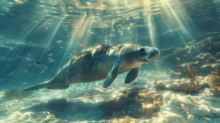 Fototapeta premium Majestic Manatee Gracefully Swimming in Sunlit Ocean Depths