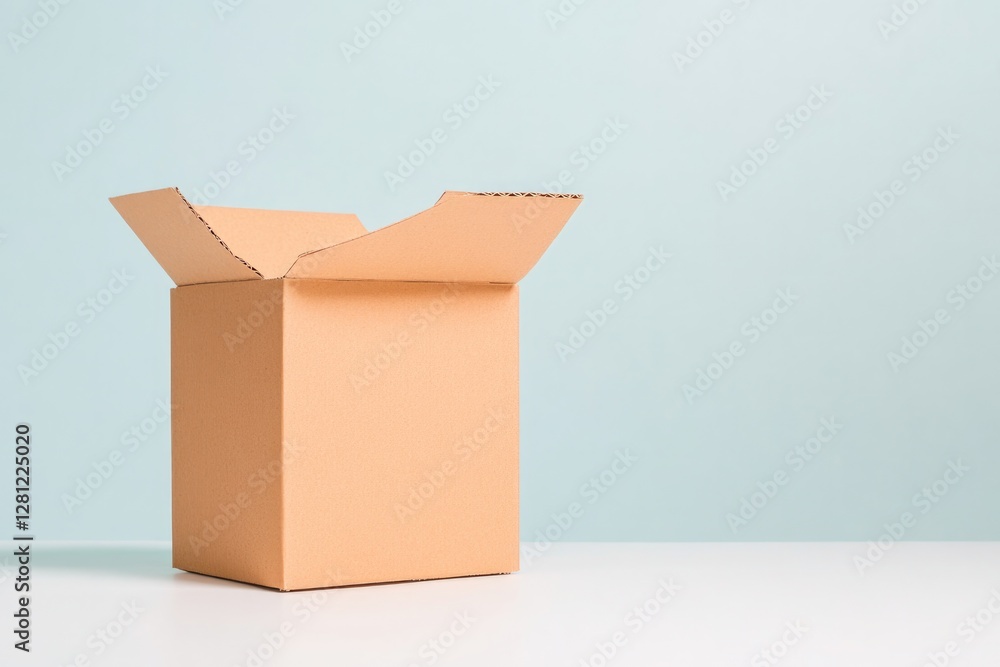 Poster minimalistic mockup of foldable cardboard box standing slightly open on plain white background