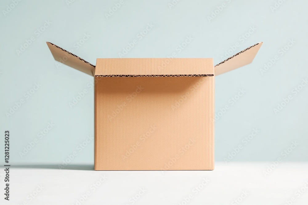Poster minimalistic mockup of foldable cardboard box standing slightly open on plain white background
