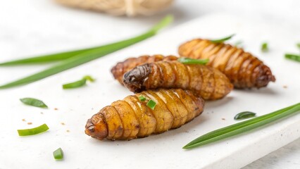 Crispy Edible Delights: Close-up of fried edible insects, artfully arranged on a rustic surface, demonstrating a culinary adventure and alternative protein source. 