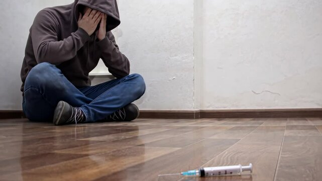 Despair and addiction: person struggling in empty room with discarded syringe.