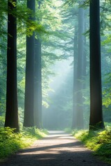 misty forest path surrounded by tall ancient trees soft sunlight filtering through dense foliage mysterious and calming