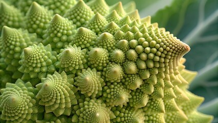 Geometric Marvel: A close-up shot reveals the intricate, fractal patterns of a romanesco broccoli, showcasing nature's architectural genius in vibrant detail.