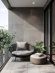 A modern balcony with a comfortable chair and plants