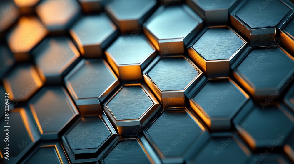 Poster close-up of metallic hexagonal pattern with reflective surfaces and warm lighting effects