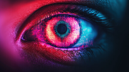 A vibrant, close-up of an eye featuring colorful, digital patterns, blending blue and pink hues with intricate details.