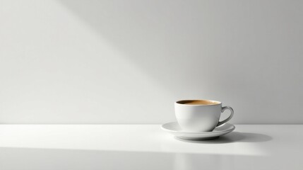 A single cup of coffee sits on a saucer, bathed in soft sunlight against a minimalist white backdrop