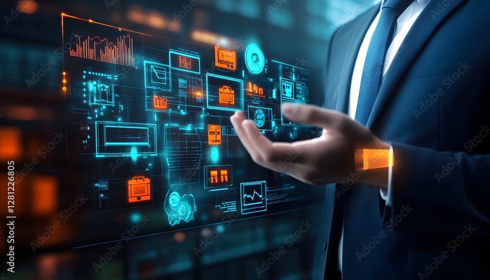 Poster a businessman interacts with futuristic digital interface displaying data analytics and business met