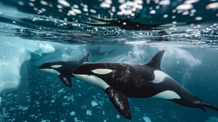 Obraz premium Magnificent Orcas Swimming Gracefully Beneath Antarctic Ice