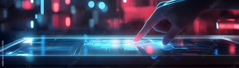 Poster a close-up view of a human hand interacting with a futuristic touchscreen interface, illuminated wit