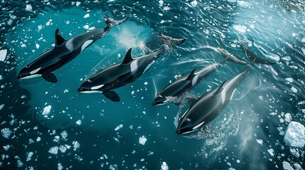 Fototapeta premium Magnificent Orcas Swimming in Arctic Waters near Icebergs
