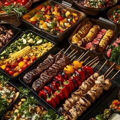 Obraz premium A luxurious buffet spread in a high-end hotel restaurant, featuring a variety of perfectly grilled meats. 