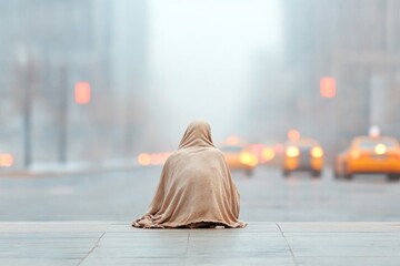 Obraz premium solitary figure wrapped in worn-out blanket sits on edge of bustling city sidewalk