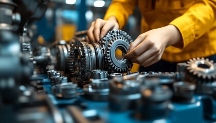 Factory worker assembling gears in a machine shop