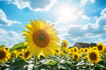 Vibrant Sunflower Field Under Bright Blue Sky with Fluffy Clouds and Sunlight Glare