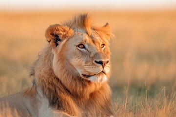 Obraz premium solitary lion basking under golden sun in savannah where grass sways gently in breeze