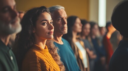 Obraz premium A diverse group of people standing in a line, showcasing a range of emotions. The close-up focus on one individual highlights expression and connection within a social setting.