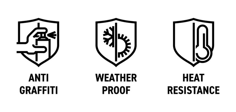 Anti-graffiti, Weather proof, Heat resistance - icons set in bold line