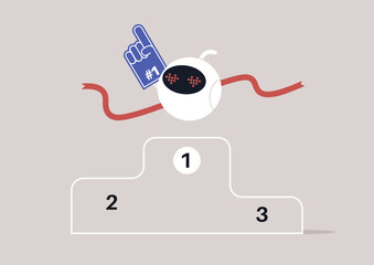 A playful robot proudly stands on the first place pedestal, brandishing a foam finger while confetti rains down, embodying the thrill of triumph in a lively atmosphere