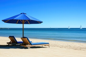 Fototapeta premium Relaxation Area with Blue Umbrella and Lounge Chairs on Serene Beach Under a Clear Sky