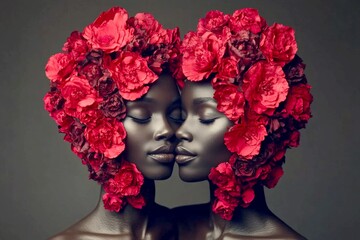 Commercial digital ads conceptual art. Valentine's day, lovebirds couple: impressive dazzling, image of loving black adult lovers. Sign of love and affection. Couple art. Fairytale love.